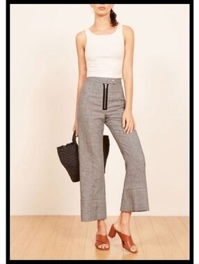 Reformation Dunne 100% Linen Pants Black White Houndstooth Exposed Zipper Size 6